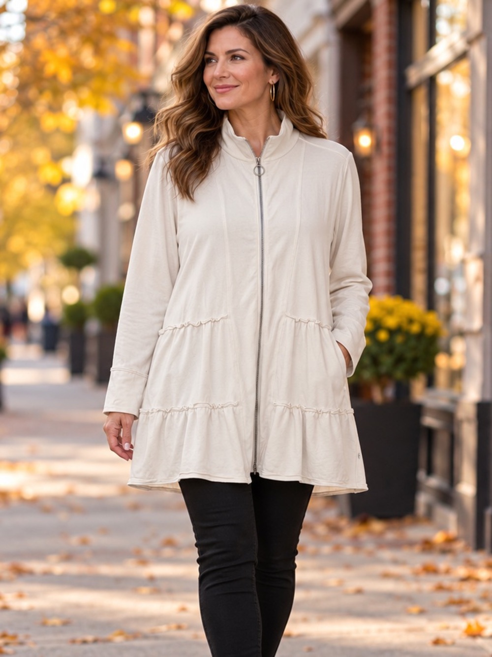 Neon Buddha XL Cream Tiered Zip-Front Jacket with Pockets